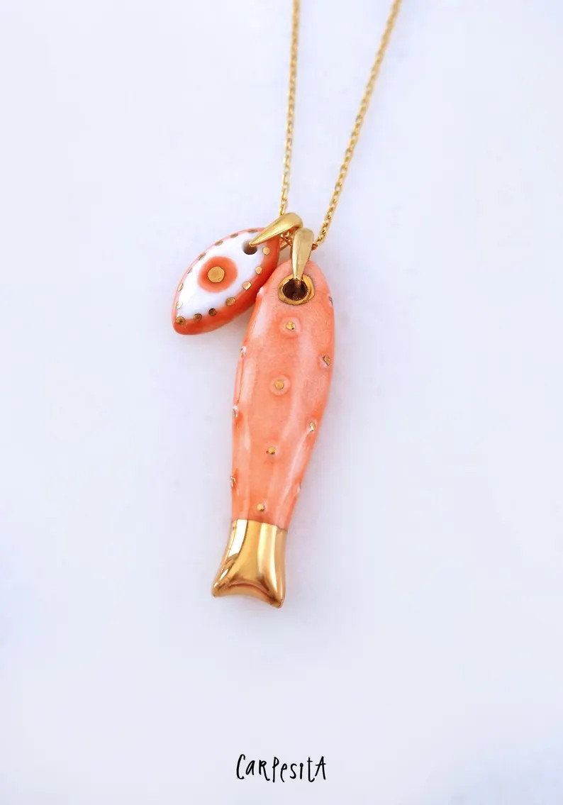 Porcelain Orange Sardine Fish Necklace, Mini Evil Eye, Good Luck Charm - Etsy | Etsy (Global)