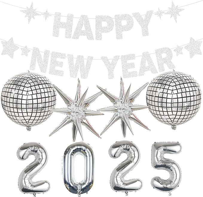 Glitter Silver Happy New Year Banner Balloons Decorations 2025,32 Inch 2025 Balloons,22 Inch Disc... | Amazon (US)
