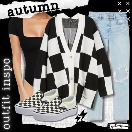 Autumn outfit idea, style inspiration, checkered sweater, short sleeve bodysuit, square neck, light wash denim, jeans, vans, platform 

#LTKSeasonal #LTKunder100 #LTKstyletip