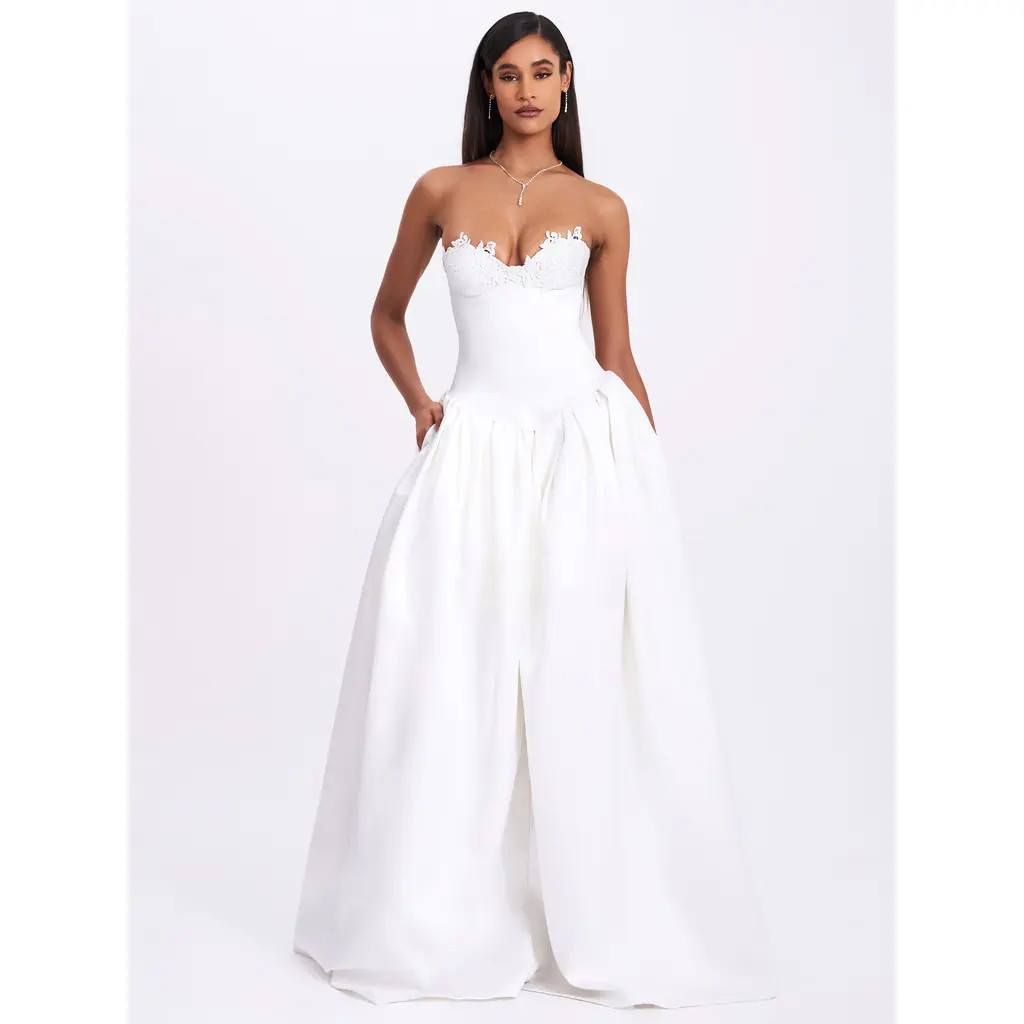 Miss Circle Naila Lace Trim Strapless Drop Waist Wedding Gown in White at Nordstrom, Size Large | Nordstrom