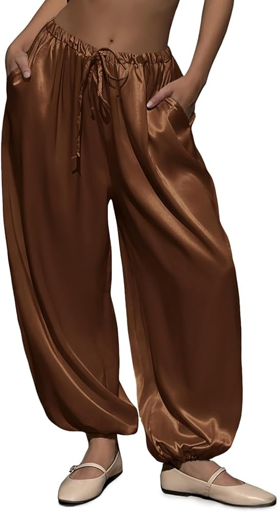 Fisoew Womens Satin Harem Pants Casual Baggy Barrel Leg Elastic Waist Drawstring Loose Workout Tr... | Amazon (US)
