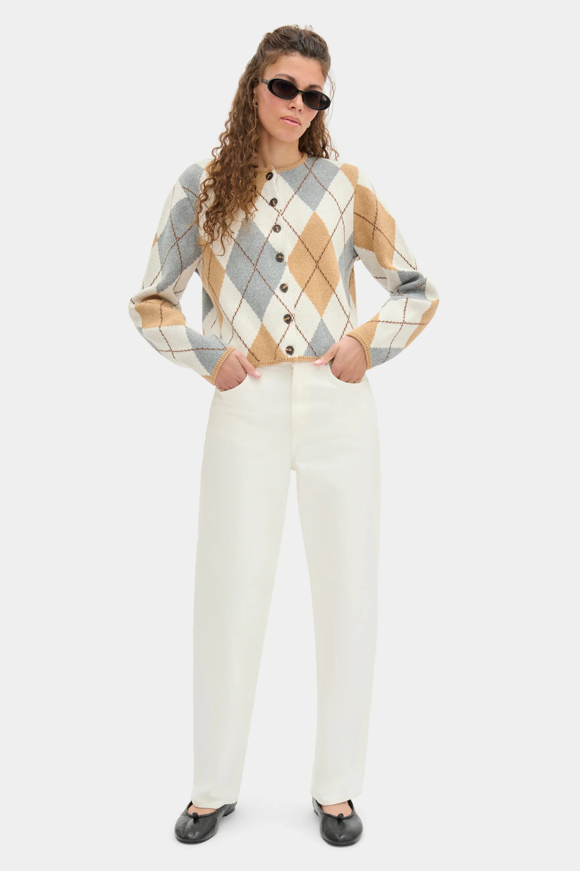 ALIGNE Merino Argyle Cardigan - Beige | Aggie | ALIGNE UK & EU