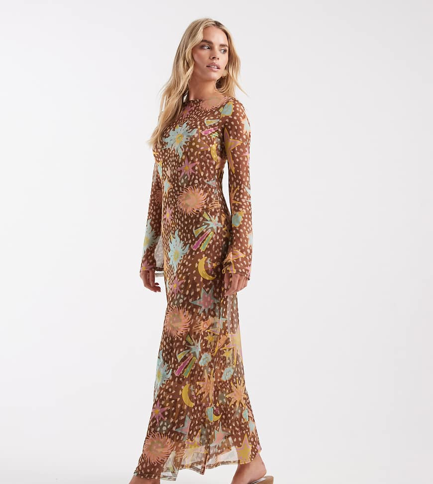Never Fully Dressed Petite Aria mesh maxi dress in brown deer star print | ASOS (Global)