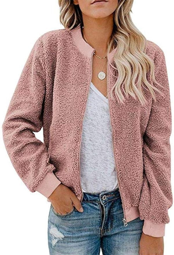 MIROL Women's Sherpa Fleece Jacket Faux Fuzzy Long Sleeve Casual Zip Up Bomber Coat | Amazon (US)