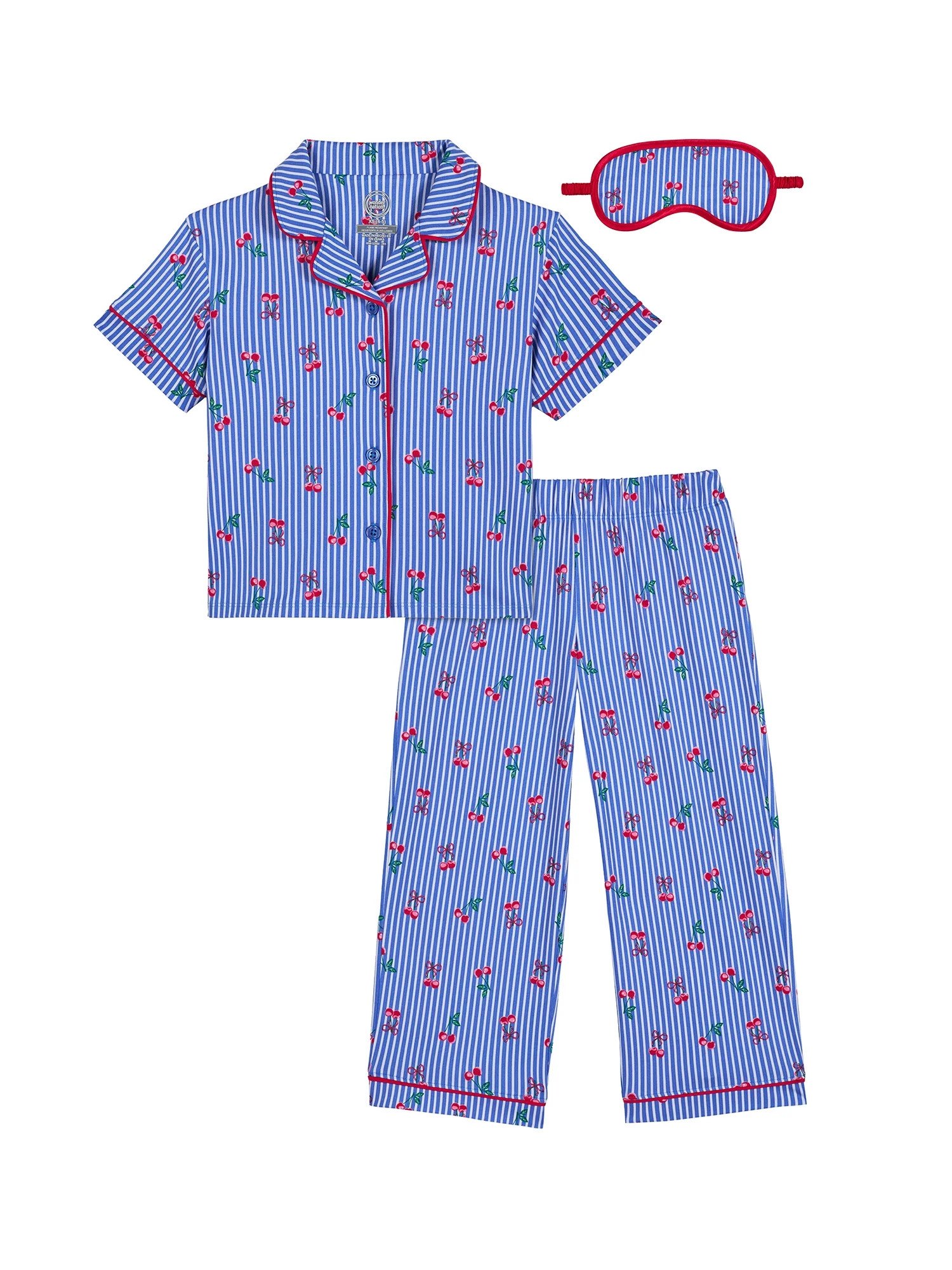 Wonder Nation Girls Short Sleeve Button Front Pajama Top and Pants Set with Eyemask, 3-Piece, Siz... | Walmart (US)