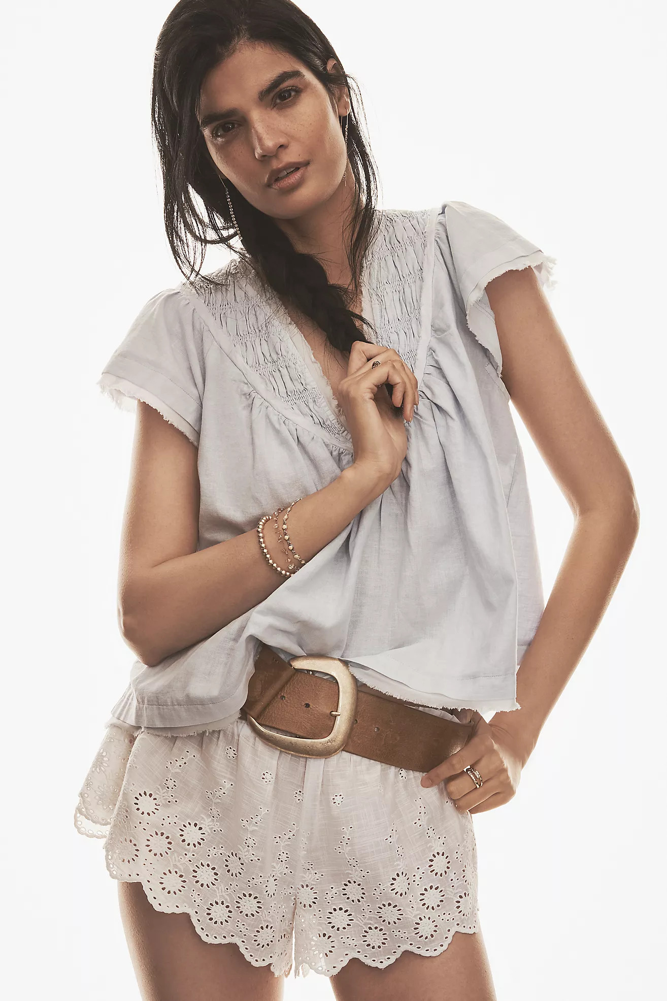 By Anthropologie Short-Sleeve Smocked Linen-Blend Blouse | Anthropologie (US)