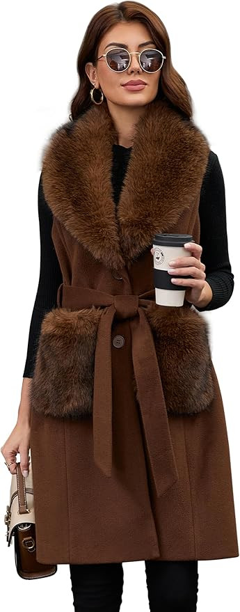PAPILLON D'OR WEAR YOUR WINGS Women's Long Wool Vest with Belt & Detachable Faux Fur Collar&Pocke... | Amazon (US)