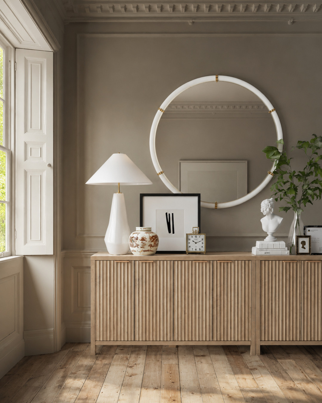 Classic, collected, and quietly elegant 🤎

This console moment is all about warm neutrals, sculptural lighting, layered art, and timeless details. I love how the fluted wood texture softens the traditional trim, while the oversized round mirror keeps everything feeling fresh and elevated.

Shop the look on my LTK.

#LTKhome #LTKfinds #LTKstyletip #neutralhomedecor #classicinteriors #traditionalhome #consoletabledecor #entrywaydecor #flutedcabinet #homedecorfinds #interiorinspo #collectedhome #elevatedneutrals #timelessdecor 

 #LTKHome