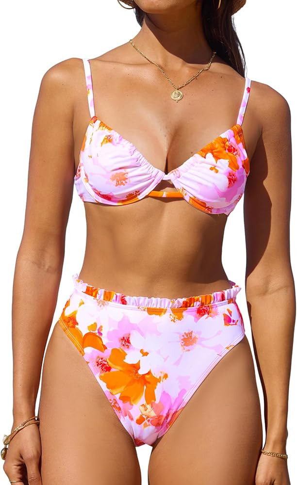 CUPSHE Women Swimsuit Bikini Set High Waisted Push Up Cheeky Drawstring Two Piece Bathing Suit | Amazon (US)