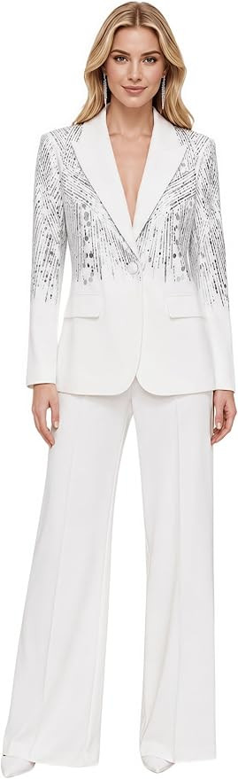 Women Peak Lapel Single Button Sequin Embellished Blazer Wide Leg Pants Suit | Amazon (US)