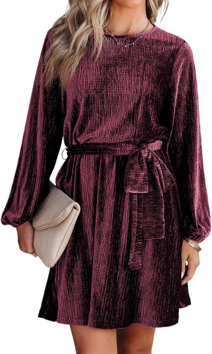 Happy Sailed Women's Velvet Cocktail Dress Fall Fashion Lantern Sleeve High Waist A-Line Skater Party Dresses with Belt | Amazon (US)