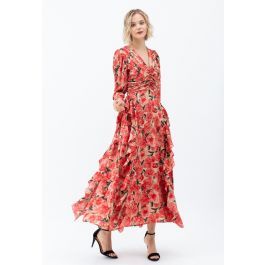 Ruched Red Floral V-Neck Ruffle Maxi Dress | Chicwish
