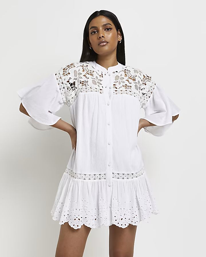 White lace detail mini shirt dress | River Island (UK & IE)