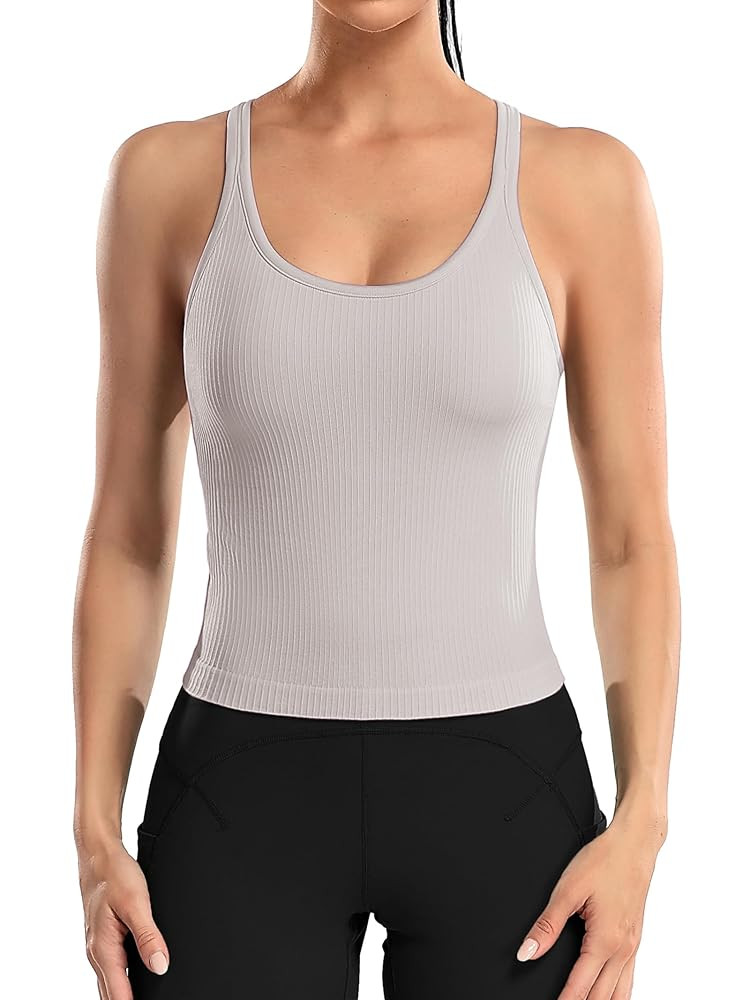 ATTRACO Women Ribbed Workout Crop Tops with Built in Bra Yoga Racerback Tank Top Tight Fit | Amazon (US)