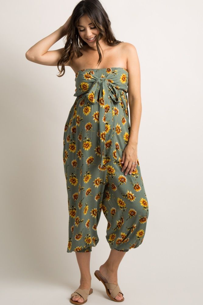 Olive Floral Strapless Tie Front Maternity Jumpsuit | PinkBlush Maternity