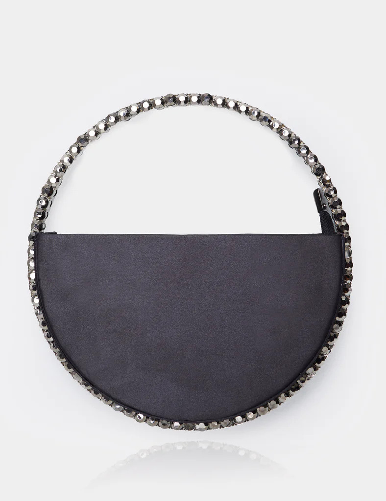 The Alessia Black Satin Circle Diamante Mini Handbag | Public Desire