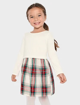 Baby And Toddler Girls Long Sleeve Plaid Ribbed Fit And Flare Dress - WHITE DAISY | The Children'... | The Children's Place