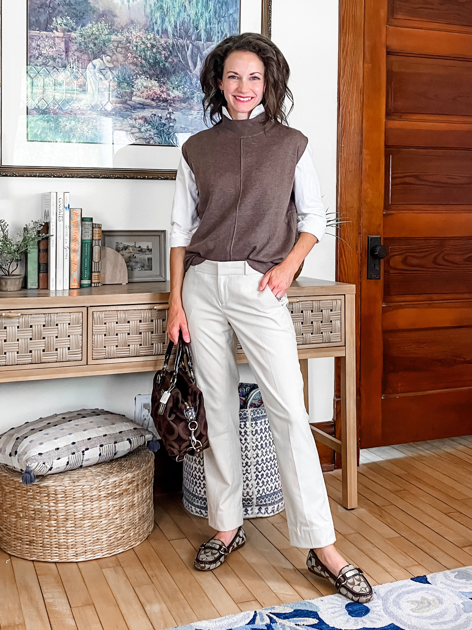 Summer to fall business casual outfit!
Wearing size S Amazon sweater. 
Size XXS J.Crew Factory shirt. 
Size 00P Banana Republic Factory pants. 
Size 6 Coach loafers. 
Petite outfit. Work outfit. Fall outfit. Summer outfit. Classic outfit. Neutral outfit  

#LTKFindsUnder50 #LTKWorkwear #LTKOver40