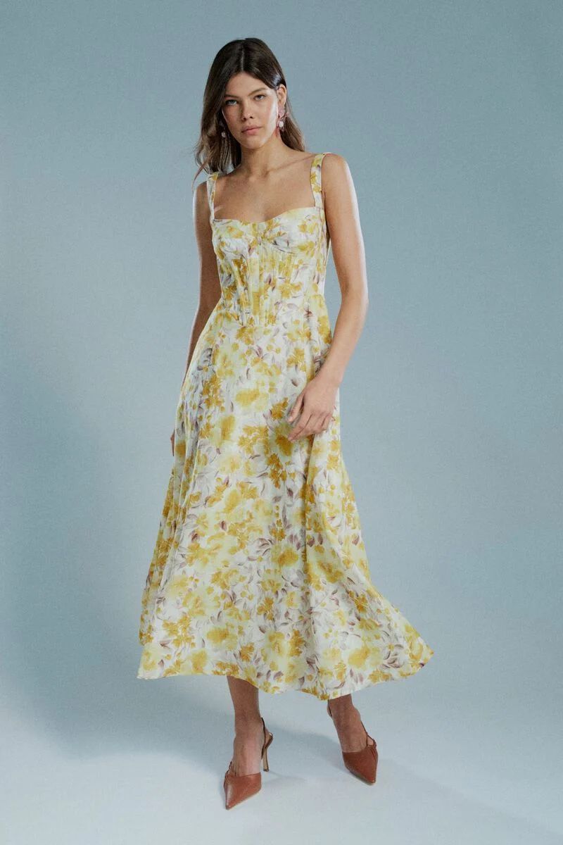 lilah corset midi dress in yellow floral | Bardot (US)