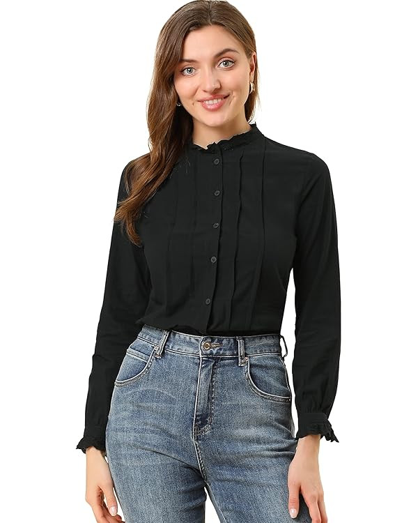 Allegra K Women's Mock Neck Blouse Ruffle Work Office Cotton Pleated Button Up Shirt | Amazon (US)