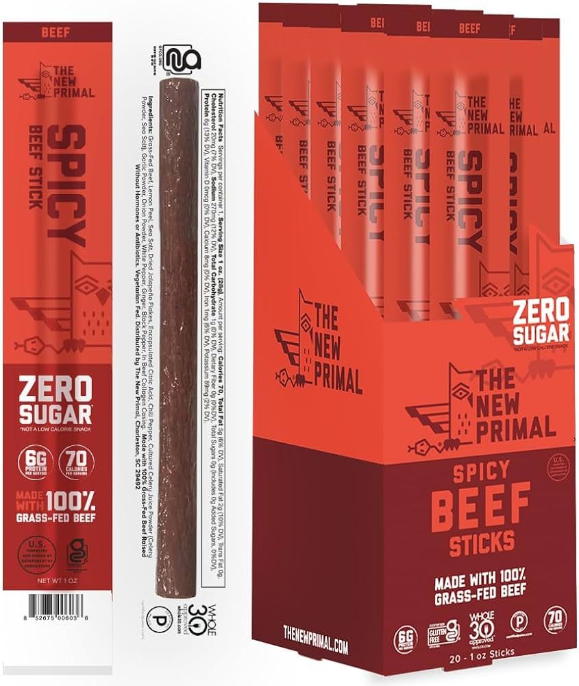 The New Primal Grass-Fed Beef Sticks, Keto & Gluten Free Healthy Snacks for Adults, Sugar Free Lo... | Amazon (US)
