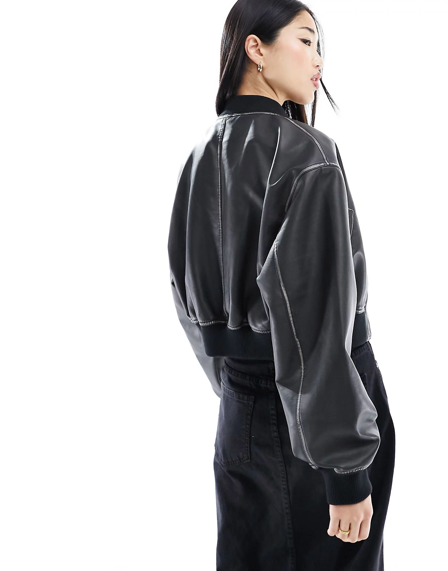 ASOS DESIGN faux leather cropped bomber jacket in washed black | ASOS (Global)