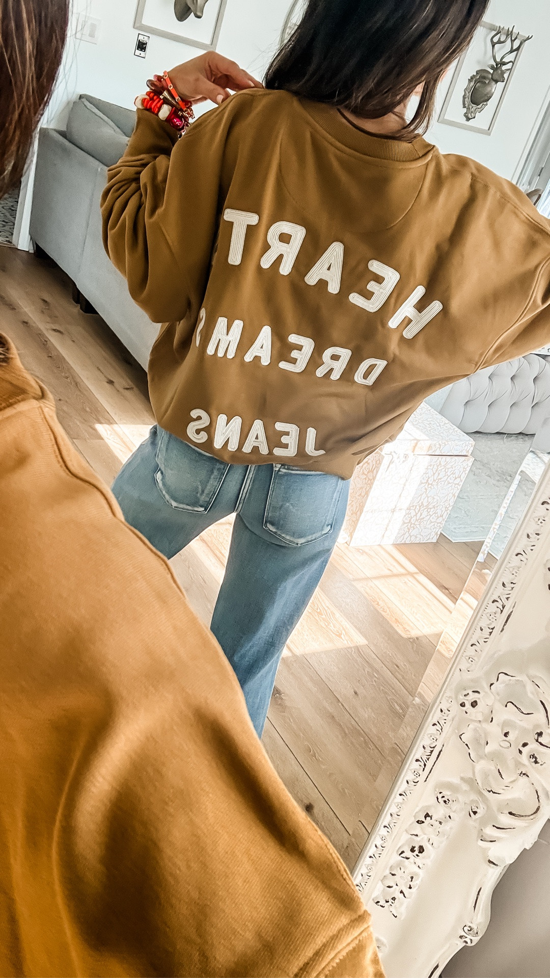 Sweatshirt small. Wide leg jeans 25. Jewelry code HOUSEOFLEO20

#LTKOver40 #LTKPetite