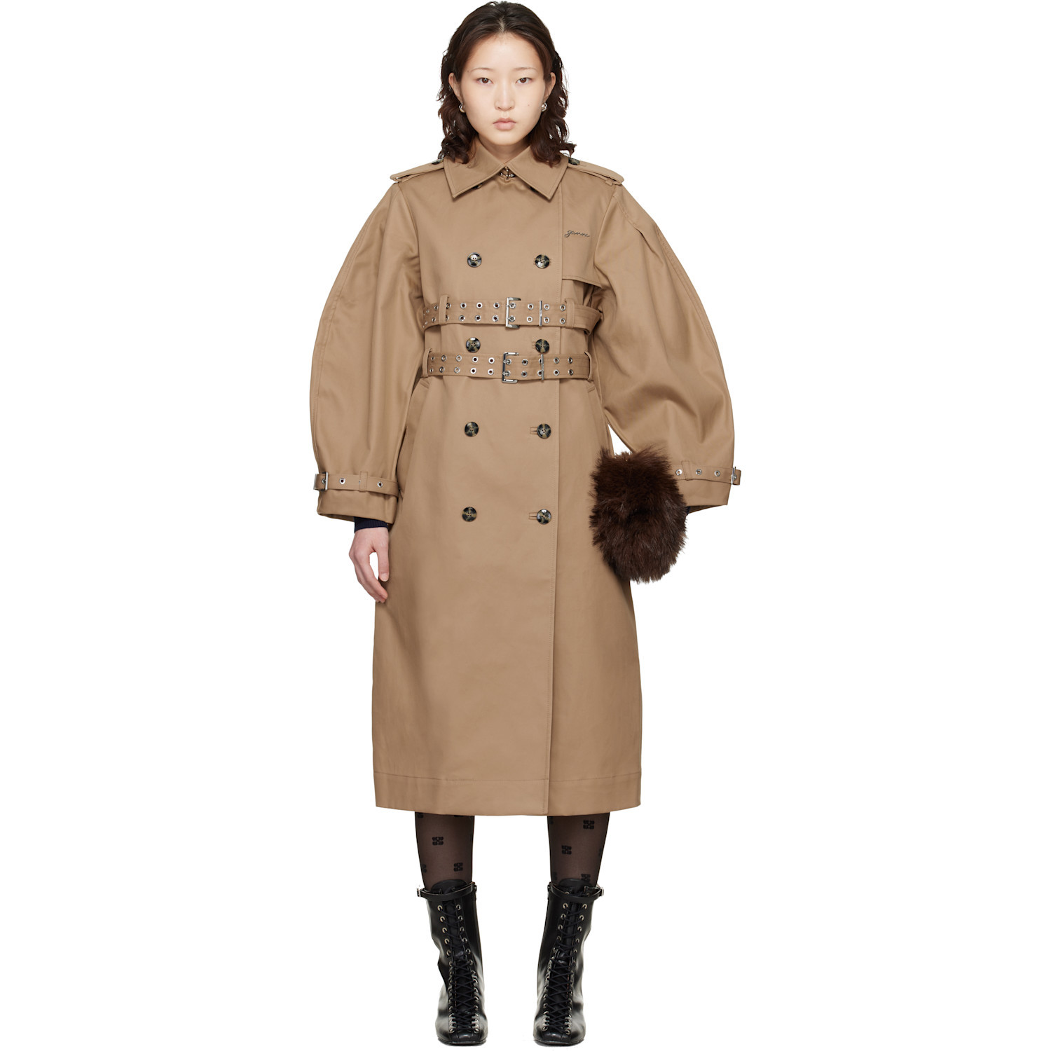 GANNI Beige Bonded Cotton Trench Coat | SSENSE