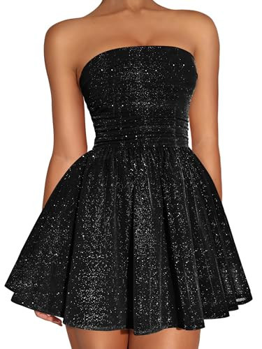DAAWENXI Women's Sexy Strapless Mini Dress Sequin Ruched Bow Graduation Party Prom Short Dresses Black | Amazon (US)