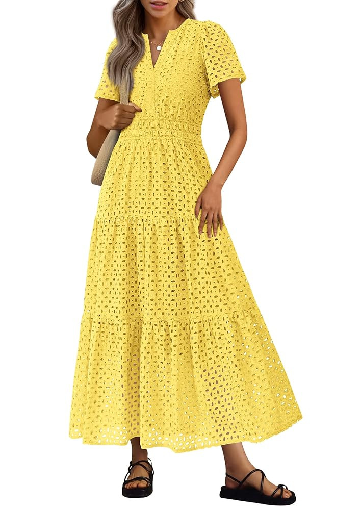 PRETTYGARDEN Womens 2025 Summer Maxi Dress Short Sleeve V Neck Hollow Out Eyelet A Line Long Flow... | Amazon (US)