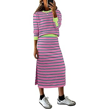 ANRABESS 2 Piece Skirts Sets For Women Fall Fashion 2025 Striped Sweater Midi Dress Knit Lounge T... | Amazon (US)