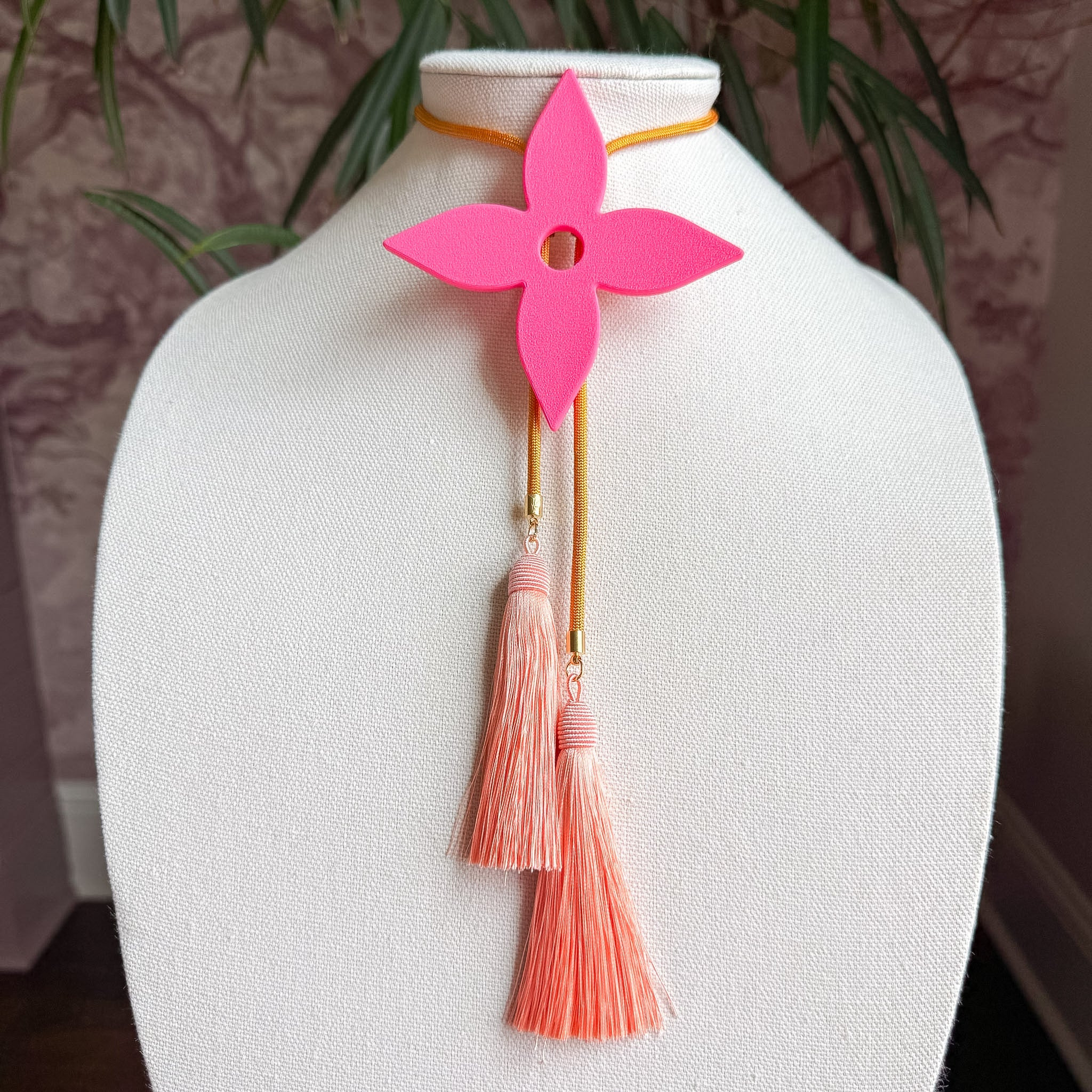 Ace of Diamonds Bolo Flamingo Pink with Golden Yellow & Peach | Rahya Jewelry Design
