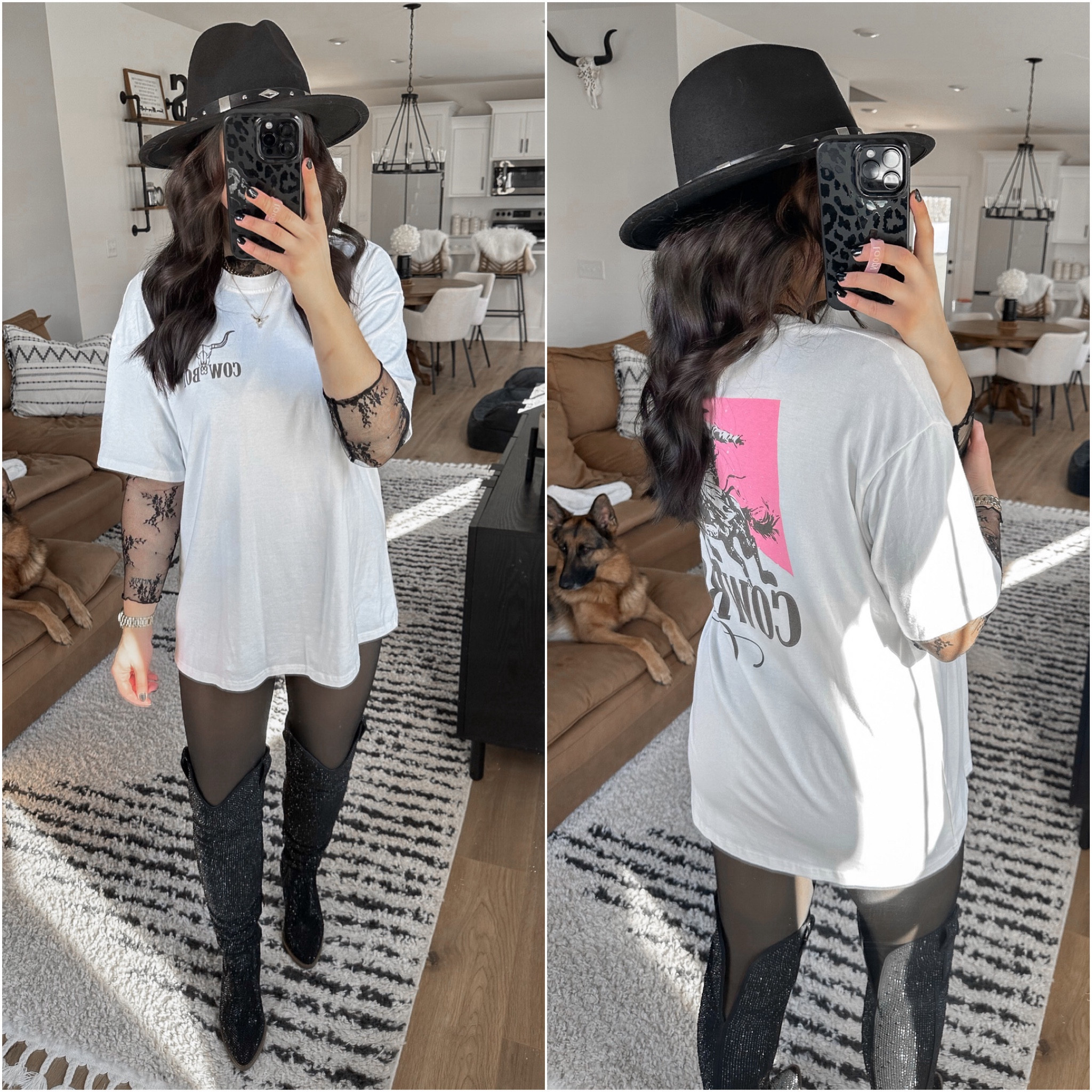 Tee — medium
Lace Top — xs
Spanx Shorts — small
Tights — small/medium

country concert outfit | Nashville outfit | western outfit | western fashion | western style | western boots | graphic tee | oversized tee | tshirt dress | fleece lined tights | rhinestone western boots 



#LTKshoecrush #LTKfindsunder100 #LTKfindsunder50