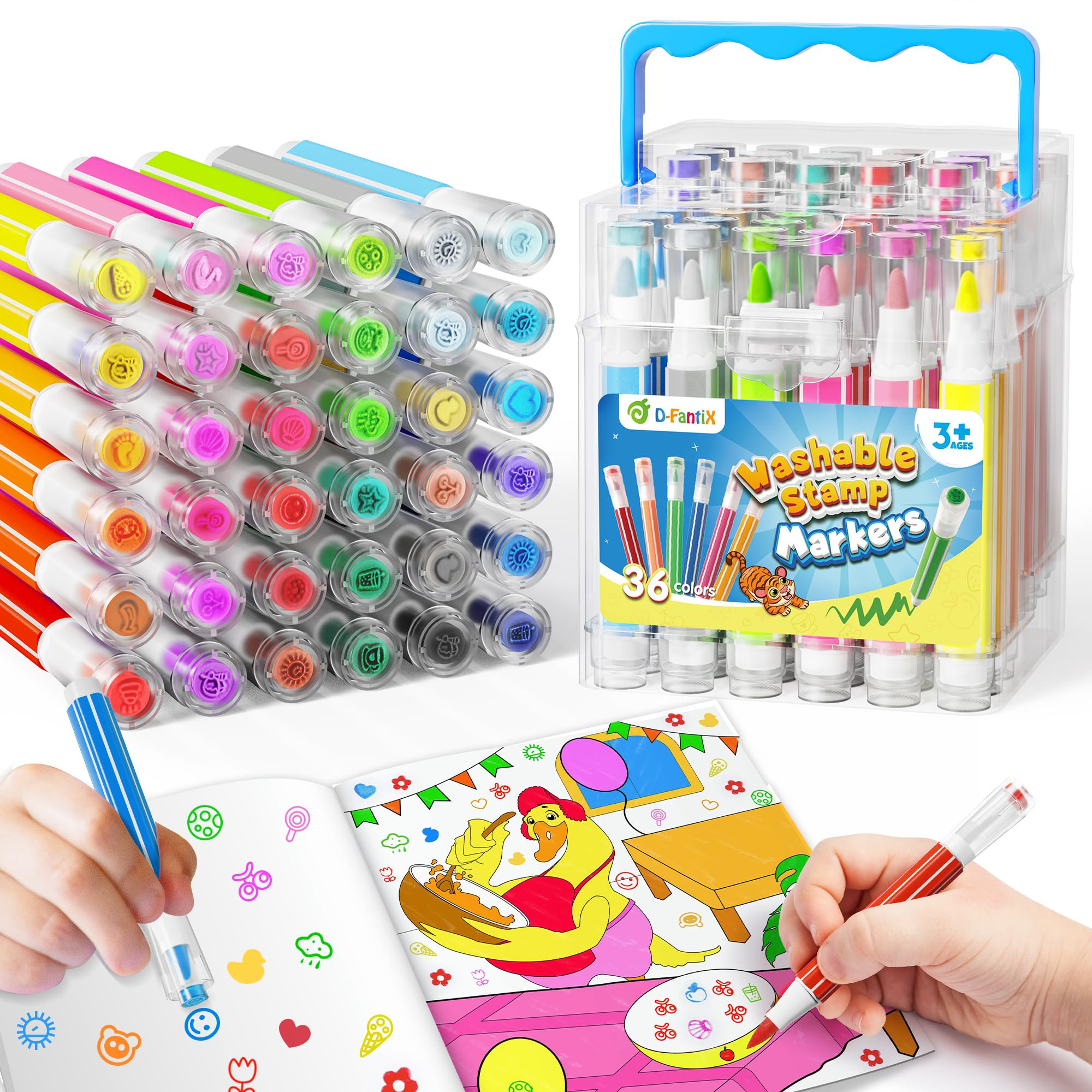 D-FantiX 36 Colors Washable Markers for Kids Ages 4-8, Stamp Markers with Coloring Books, Arts and Crafts, Airplane Car Road Trip Activities Travel Set, Art Supplies Gifts for Toddlers Girls Boys | Amazon (US)