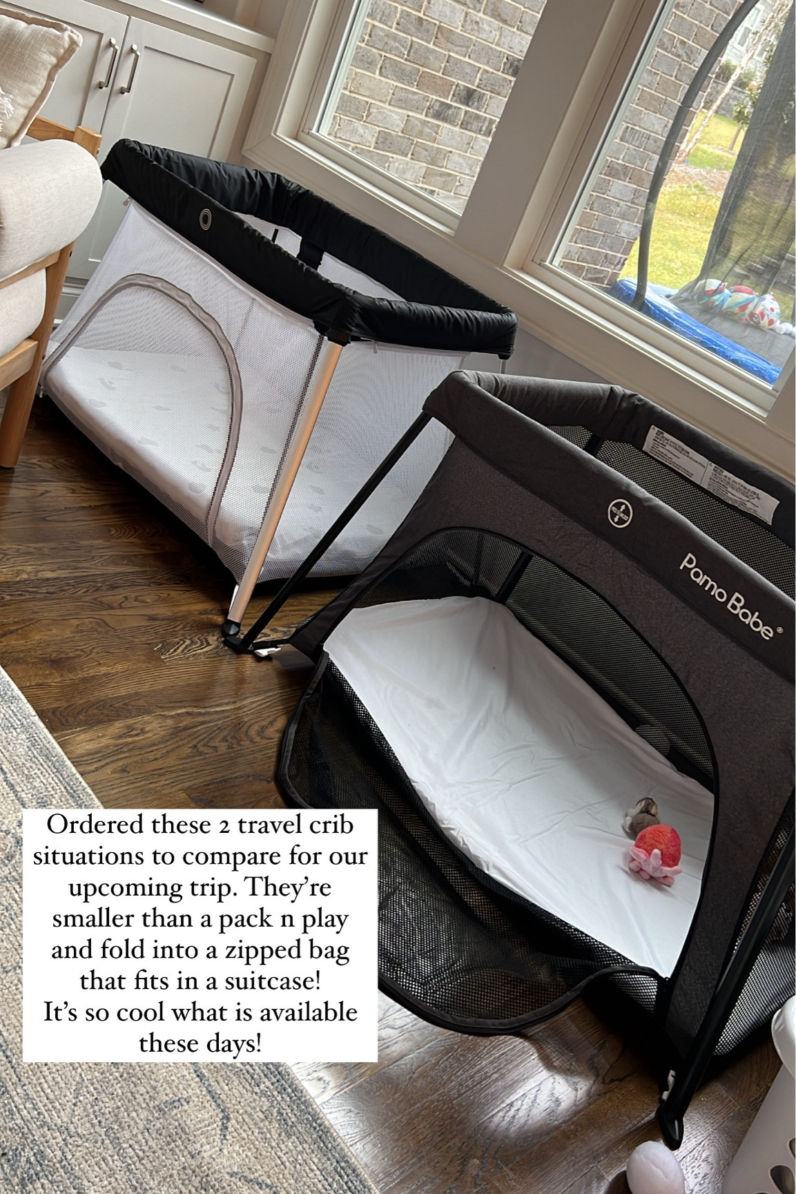 White on the left: pops open like a pack n play. One piece. Bottom panels decently padded. 
Grey on the right: feels a little more sturdy. Legs come off to collapse. Bottom is not as cushiony as white. 
*both come with bags that fit in a suitcase* 
I purchased a roll up mattress to put inside for more cushion (it’s age appropriate for my son) 