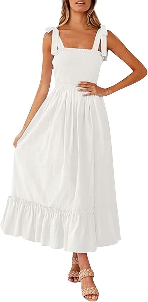 White Summer Dresses for Women, Women's Bohemian Straps Square Neck Ruffle A Line Beach Long Dres... | Amazon (US)