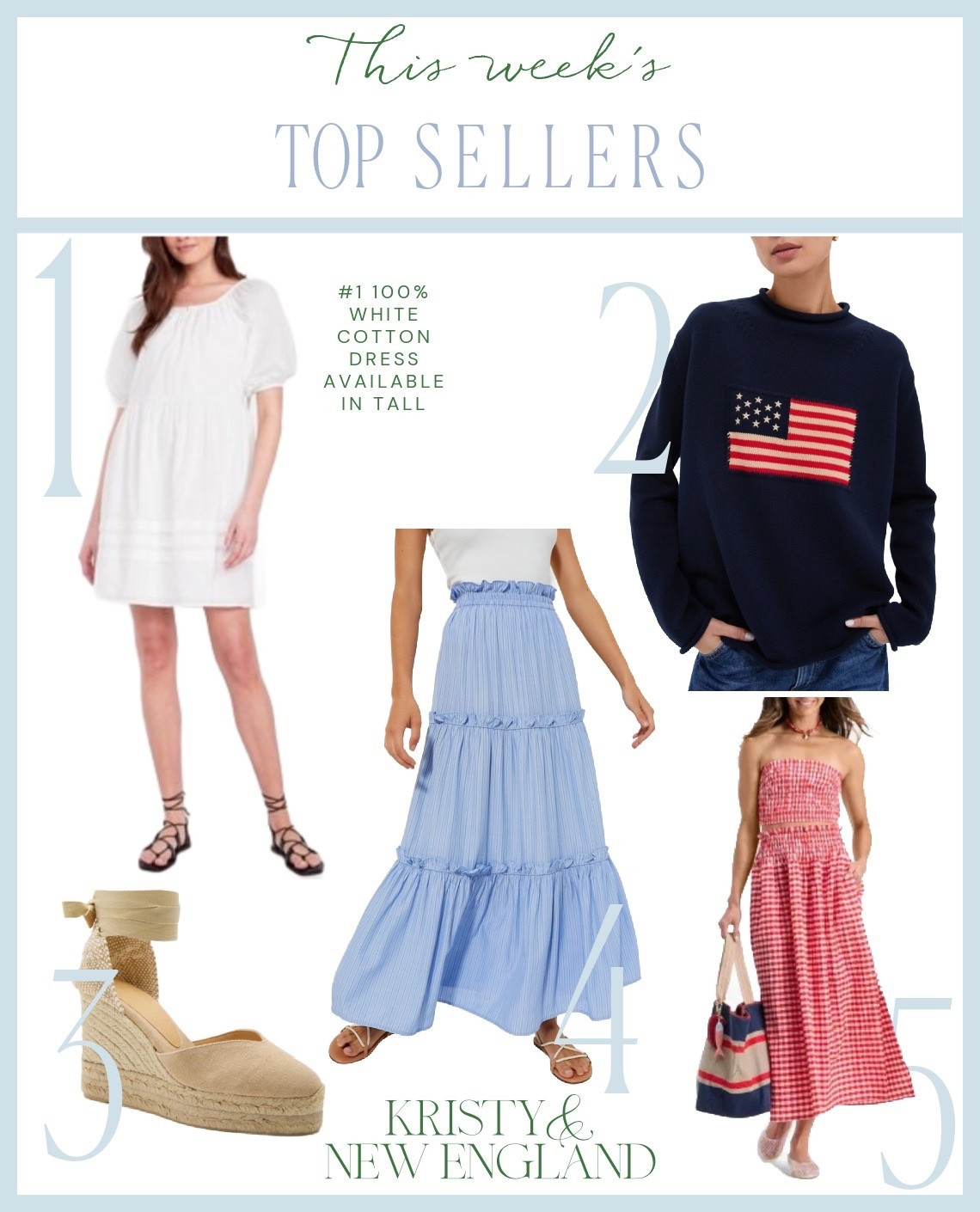 Top Sellers this Week  #1 White Cotton Dress #2 Navy Rollneck Flag Sweater #3 Castaner Espadrilles #4 Blue Stripe Maxi Skirt #4 Red Gingham Halter Top & Skirt

#LTKOver40 #LTKSeasonal #LTKFindsUnder50