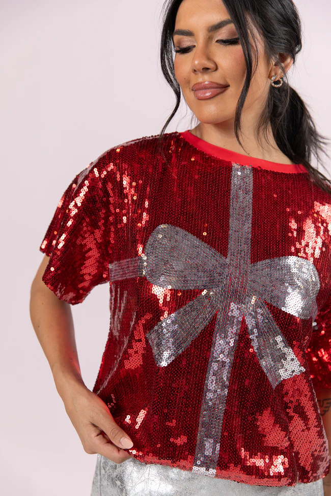 Bow On Top Red Sequin Bow Top | Pink Lily