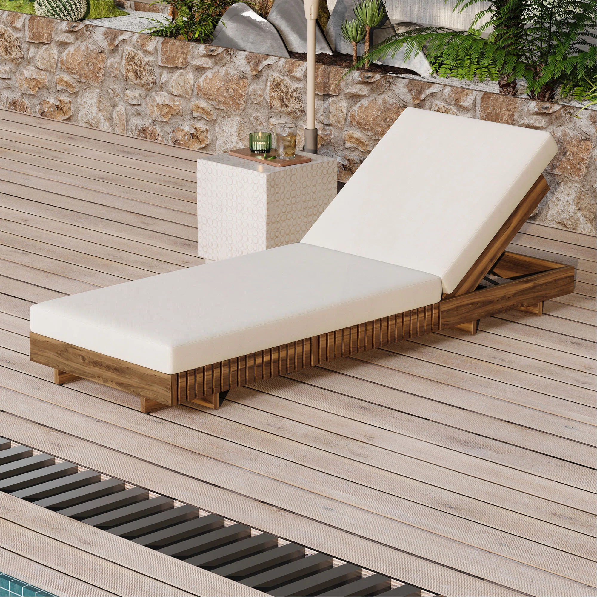 Outdoor Chaise Lounge Chair With 6-Position Adjustable Backrest,Acacia Solid Wood | Wayfair North America