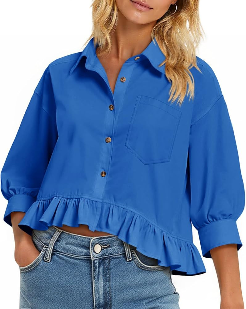Cicy Bell Womens Cropped Button Down Shirts 3/4 Length Sleeve Casual Cotton Blouses Loose Fit Ruf... | Amazon (US)