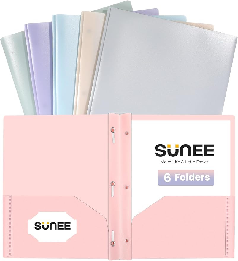 SUNEE 3-Prong Plastic Folders with Pockets (6 Pack, Pastel Colors) 2 Pocket Folders with Fastener... | Amazon (US)