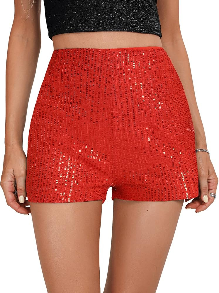 SweatyRocks Women's Sequins High Elastic Waist Straight Leg Shorts Solid Glitter Party Shorts | Amazon (US)
