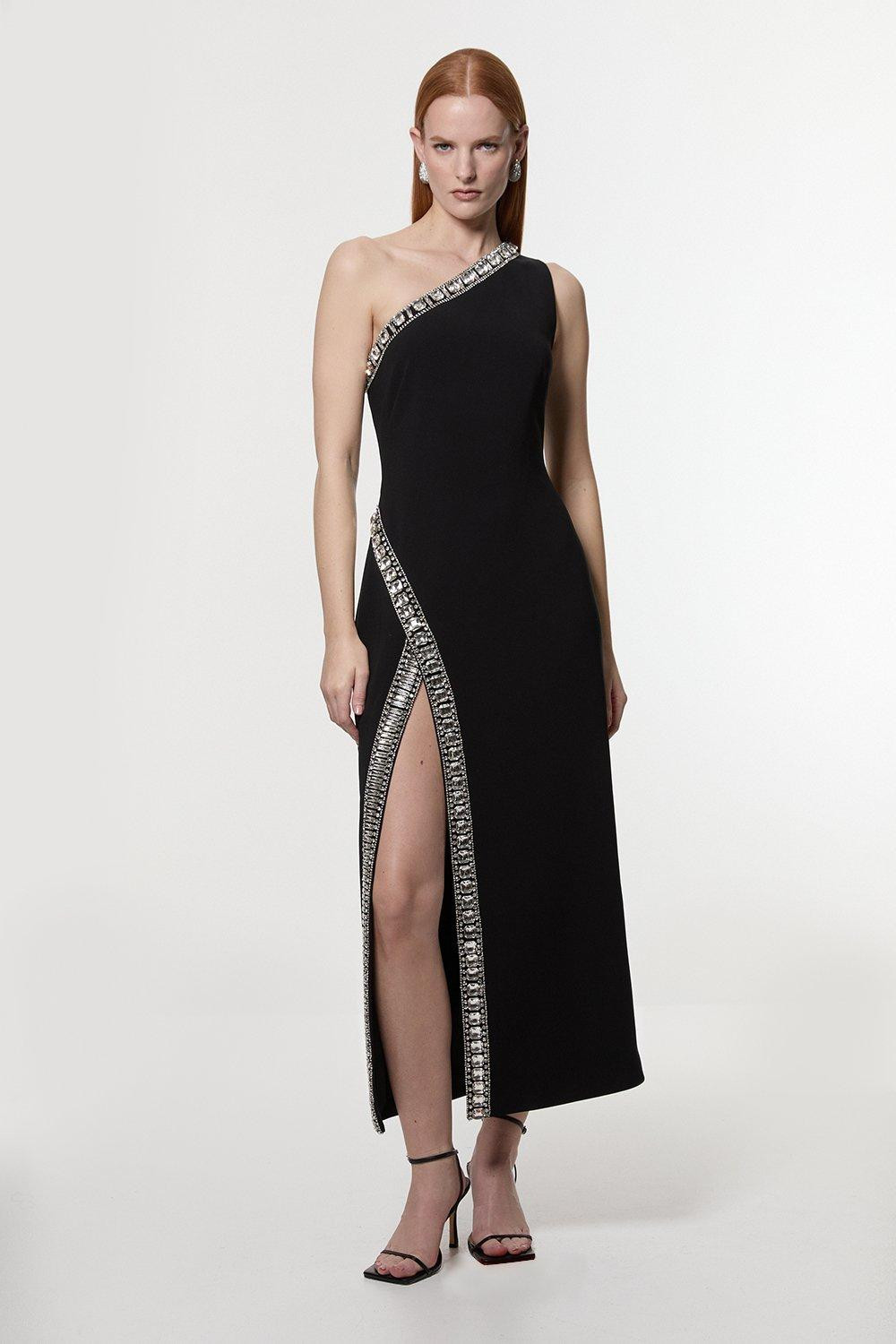 Crystal Embellished One Shoulder Woven Maxi Dress | Karen Millen | Karen Millen UK + IE + DE + NL