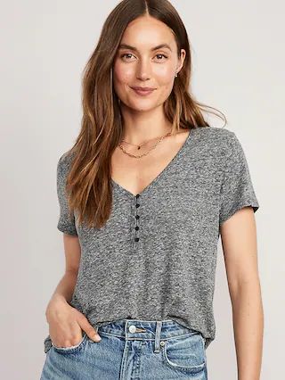 Linen-Blend V-Neck Henley T-Shirt for Women | Old Navy (US)