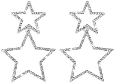 Star Earrings - Silver Double Star Dangle Earrings for Women - Sparkle Rhinestone Stars - Festiva... | Amazon (US)