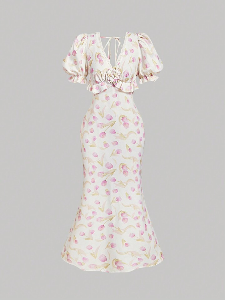 SHEIN MOD Women's Long Floral Bodycon Puff Sleeve Mermaid Dress,Valentine's Day,Valentines Clothes,Elegant Dresses For Women,Dresses For Women Party,Graduation Dress,Summer Dress Vacation,Spring/Summer Dresses,Vacation Dress,Floral Dress Women,Flowy Dress,Beach,Brunch,Vintage Dresses For Woman | SHEIN