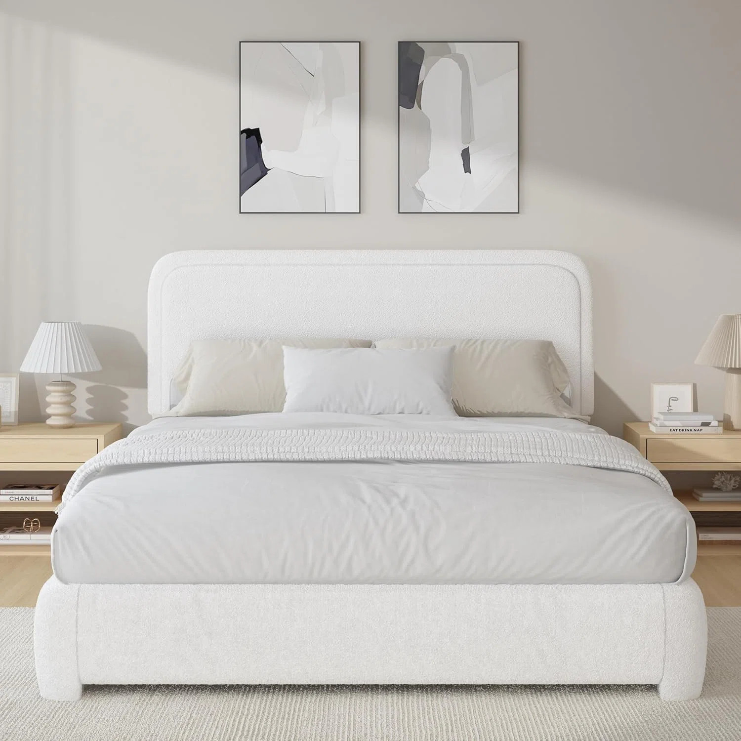 Boucle Upholstered Bed Frame Soft Rounded Corners Headboard Low Profile Bed Frame No Box Spring Needed | Wayfair North America