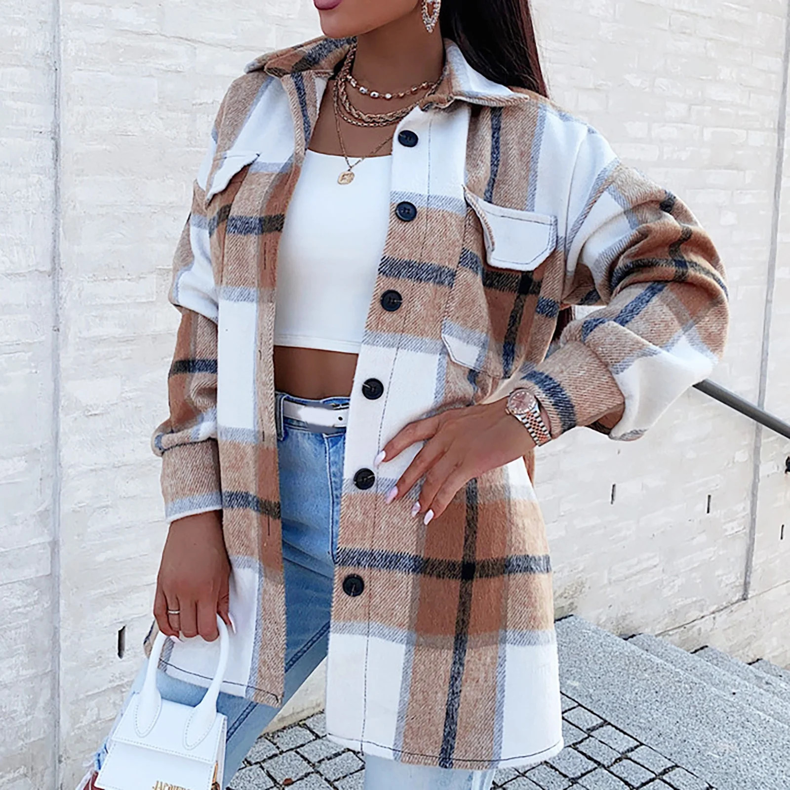 Tuscom plus size winter coats for women Women Plaid Lapel Woolen Button Up Pocketed Long Sleeve S... | Walmart (US)