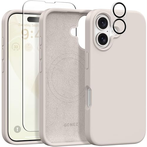 GONEZ Magnetic for iPhone 16 Case, [Compatible with Magsafe] [Screen Protector + Camera Lens Protector], Liquid Silicone Shockproof Protective Phone Case for iPhone 16 6.1", Stone | Amazon (US)