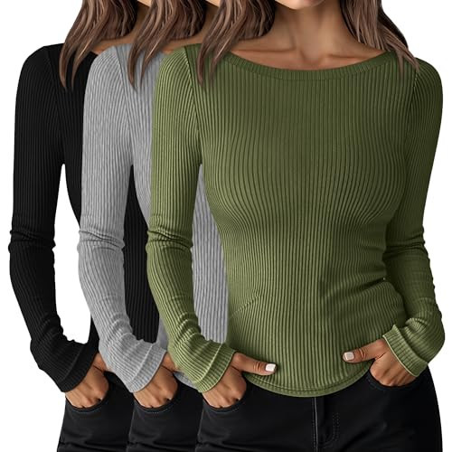 Huukeay 3 Pack Boat Neck Long Sleeve Tops for Women, Cotton Ribbed Fitted Shirts Curved Hem Crop Top Casual Basic Tees Go Out(Army Green, Light Mixed Gray, Black,XX-Large) | Amazon (US)